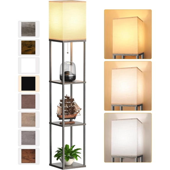 Floor Lamp with Shelves for Living Room, Shelf Floor Lamp with 3 CCT LED Bulb, Corner Display Standing Column Lamp Etagere Organizer Tower Nightstand with White Linen Shade for Bedroom, Office