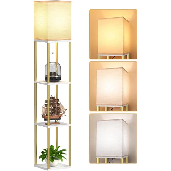 Floor Lamp with Shelves for Living Room, Shelf Floor Lamp with 3 CCT LED Bulb, Corner Display Standing Column Lamp Etagere Organizer Tower Nightstand with White Linen Shade for Bedroom, Office