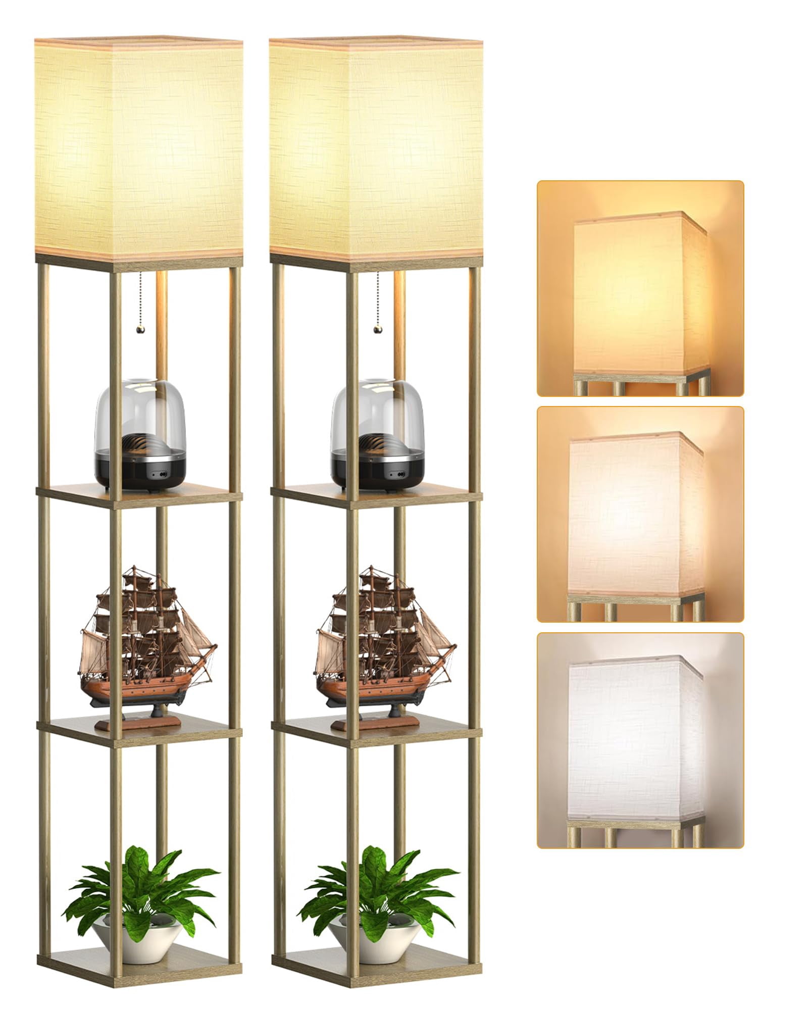 Floor Lamp With Shelves For Living Room Wood 2 Pack  Shelf 3 Cct Led Bulb Corner Display Standing Column Etagere Organizer Tower Nightstand Bedroom Office