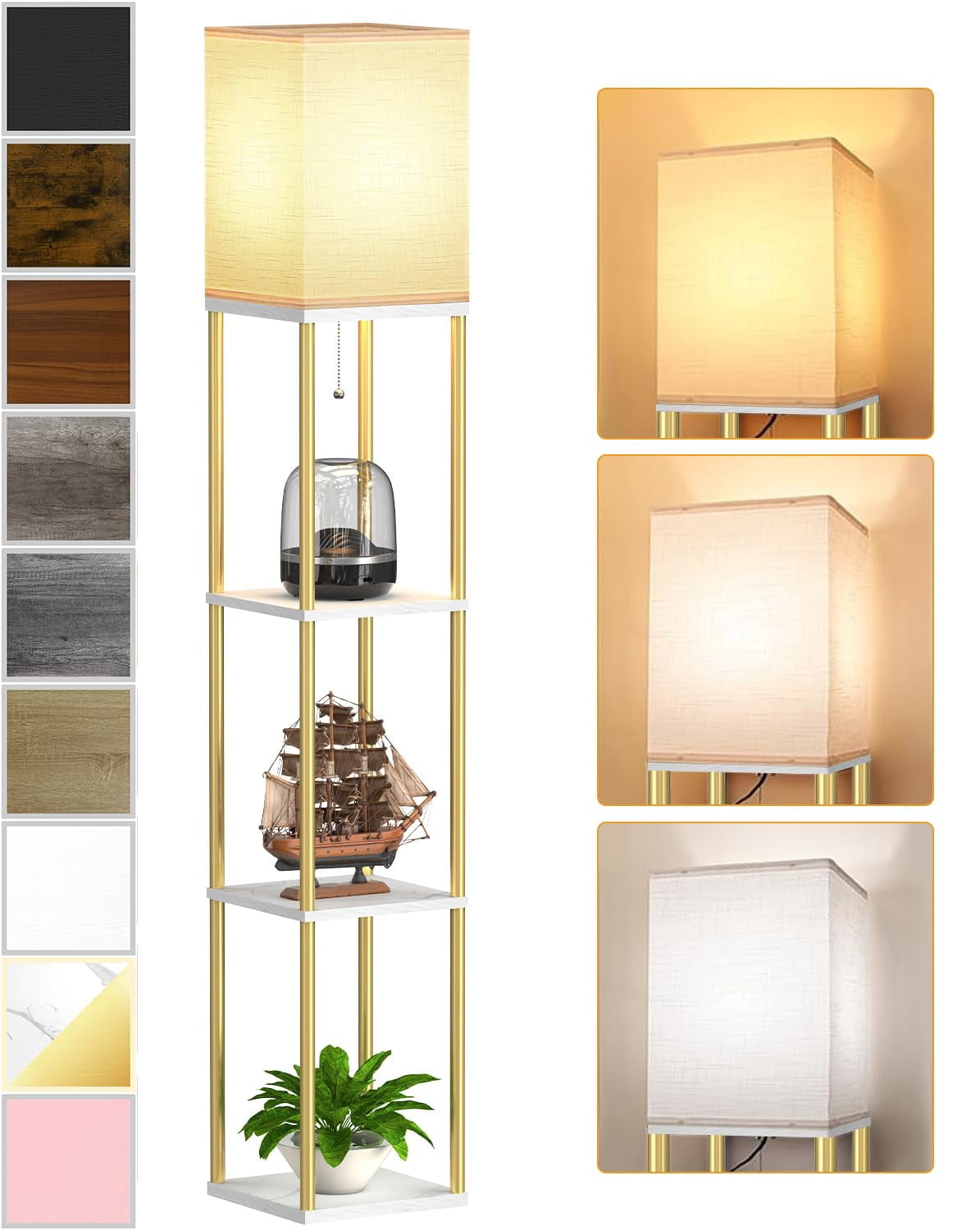 Floor Lamp With Shelves  Modern Corner Display Standing Column Shelf Etagere Organizer Tower Nightstand White Linen Shade For Living Room Bedroom And Office Marble Poles
