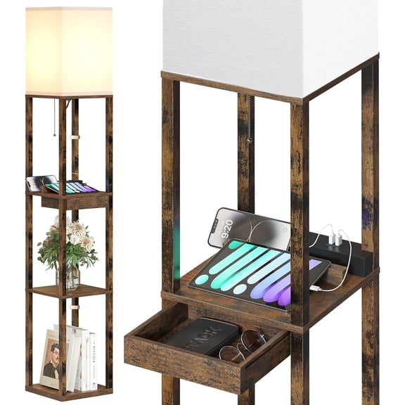 Floor Lamp with Shelves,Modern Dimmable Solid Wood Standing Lamp with 1 Drawer and 2 USB Ports & 2 Power Outlet,Corner Tall Bookshelf Lamp for Living Room and Bedroom(Rustic Brown)
