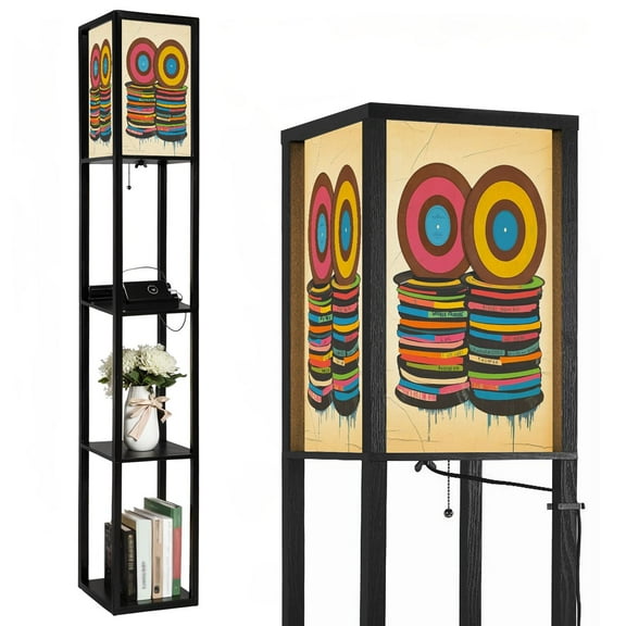 Floor Lamp with Shelves,Modern Dimmable Standing Lamp 33RPM Brown Decorative Music Art Vinyl Records Corner Display Bookshelf Lamp with 2 USB & 1 Power Outlet for Living Room & Bedroom