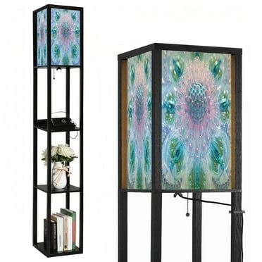 Floor Lamp with Shelves,Modern Dimmable Standing Lamp 3D Bead Light Blue Silver Texture Modern Home Corner Display Bookshelf Lamp with 2 USB & 1 Power Outlet for Living Room & Bedroom