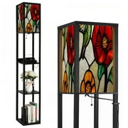 Floor Lamp with Shelves,Modern Dimmable Standing Lamp Bird Oil Blossom Flowers Glass Pieces Geometric Corner Display Bookshelf Lamp with 2 USB & 1 Power Outlet for Living Room & Bedroom