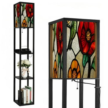Floor Lamp with Shelves,Modern Dimmable Standing Lamp Bird Oil Blossom Flowers Glass Pieces Geometric Corner Display Bookshelf Lamp with 2 USB & 1 Power Outlet for Living Room & Bedroom