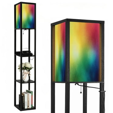 Floor Lamp with Shelves,Modern Dimmable Standing Lamp Colorful grainy gradient mesh Corner Display Bookshelf Lamp with 2 USB & 1 Power Outlet for Living Room & Bedroom