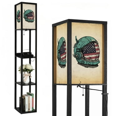 Floor Lamp with Shelves,Modern Dimmable Standing Lamp Fascinating Cool Astronaut Space American Flag Corner Display Bookshelf Lamp with 2 USB & 1 Power Outlet for Living Room & Bedroom