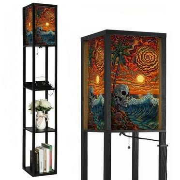 Floor Lamp with Shelves,Modern Dimmable Standing Lamp Fascinating Cool Skull Ocean Waves Palm Trees Corner Display Bookshelf Lamp with 2 USB & 1 Power Outlet for Living Room & Bedroom