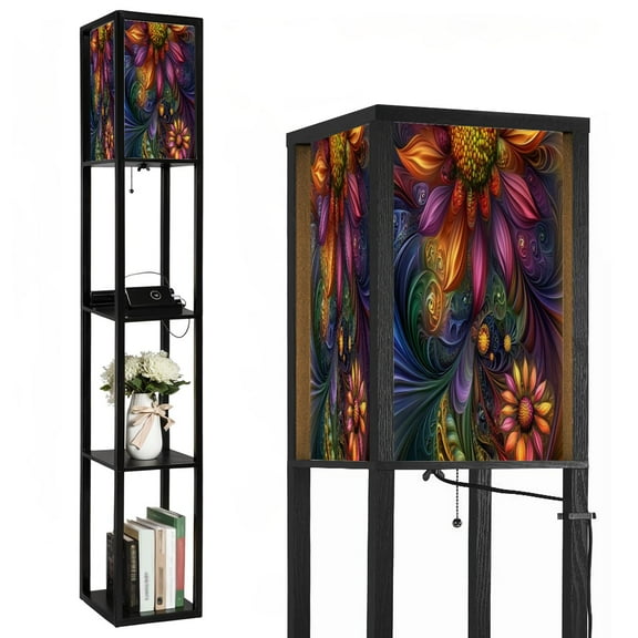 Floor Lamp with Shelves,Modern Dimmable Standing Lamp Flower Modern Floral Girls Room Petals Yellow Corner Display Bookshelf Lamp with 2 USB & 1 Power Outlet for Living Room & Bedroom