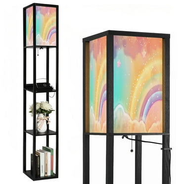 Floor Lamp with Shelves,Modern Dimmable Standing Lamp Holographic fantasy rainbow Corner Display Bookshelf Lamp with 2 USB & 1 Power Outlet for Living Room & Bedroom