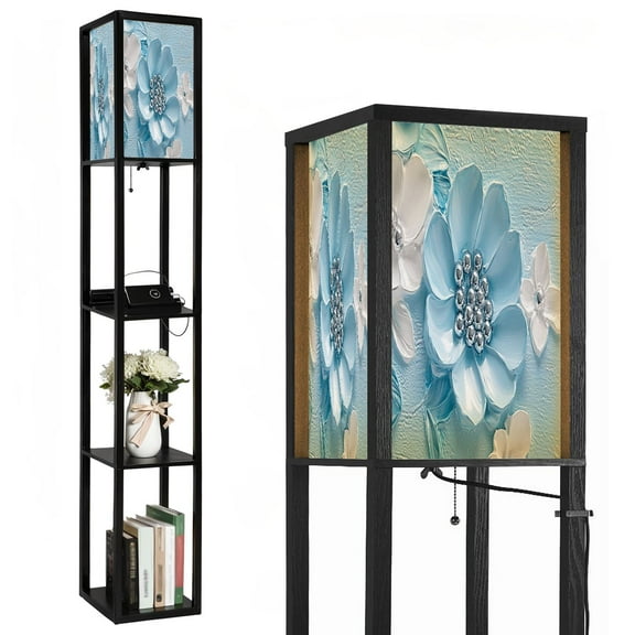 Floor Lamp with Shelves,Modern Dimmable Standing Lamp 3D Bead Light Blue Silver Texture Modern Petal Corner Display Bookshelf Lamp with 2 USB & 1 Power Outlet for Living Room & Bedroom