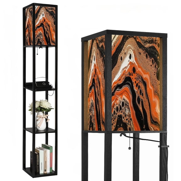Floor Lamp with Shelves,Modern Dimmable Standing Lamp Abstract Geometric Neutral Fantasy Liquid Ink Corner Display Bookshelf Lamp with 2 USB & 1 Power Outlet for Living Room & Bedroom