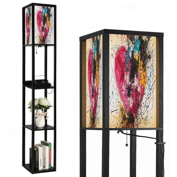 Floor Lamp with Shelves,Modern Dimmable Standing Lamp Colorful Abstract Heart Modern Color Swirls Corner Display Bookshelf Lamp with 2 USB & 1 Power Outlet for Living Room & Bedroom