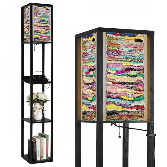 Floor Lamp with Shelves,Modern Dimmable Standing Lamp Colorful Textured Hand Modern Abstract Corner Display Bookshelf Lamp with 2 USB & 1 Power Outlet for Living Room & Bedroom