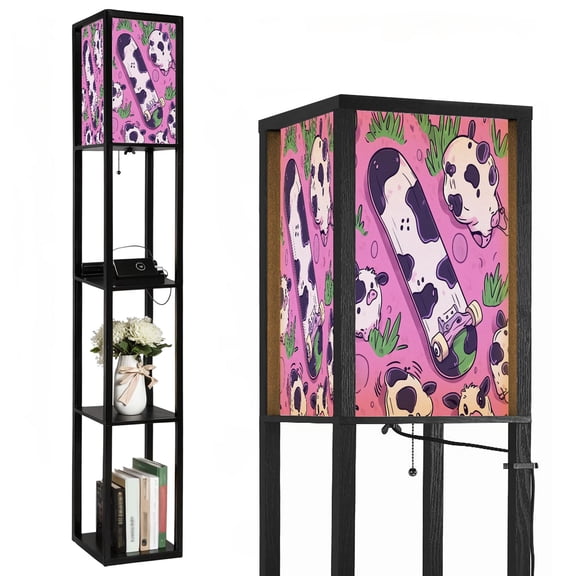 Floor Lamp with Shelves,Modern Dimmable Standing Lamp Custom Skateboard Tape Longboard Scooter Sand Corner Display Bookshelf Lamp with 2 USB & 1 Power Outlet for Living Room & Bedroom