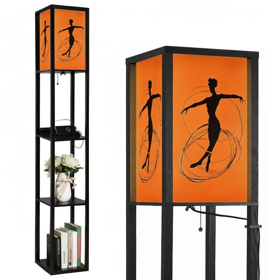 Floor Lamp with Shelves,Modern Dimmable Standing Lamp Dances Dancing Figure Dynamic Pose Human Corner Display Bookshelf Lamp with 2 USB & 1 Power Outlet for Living Room & Bedroom