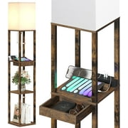 Floor Lamp with Shelves, Modern Dimmable Standing Lamp with Drawer & 2 USB Ports & 2 Power Outlet, Corner Tall Shelf Lamp for Living Room and Bedroom (Rustic Browm)