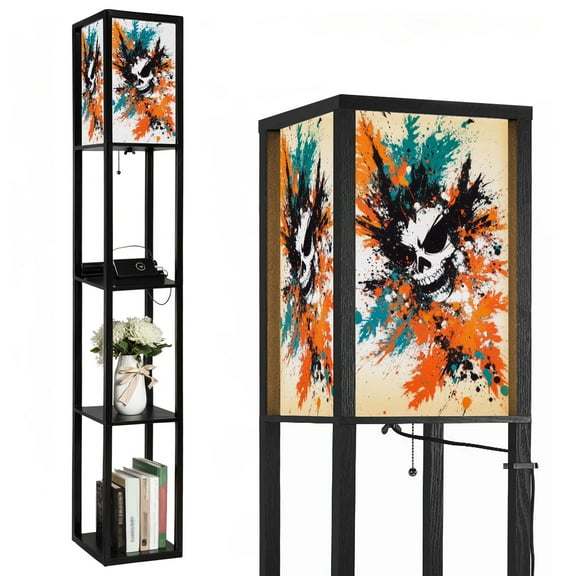 Floor Lamp with Shelves,Modern Dimmable Standing Lamp Fascinating Cool Skull Splattered Paint Vivid Corner Display Bookshelf Lamp with 2 USB & 1 Power Outlet for Living Room & Bedroom