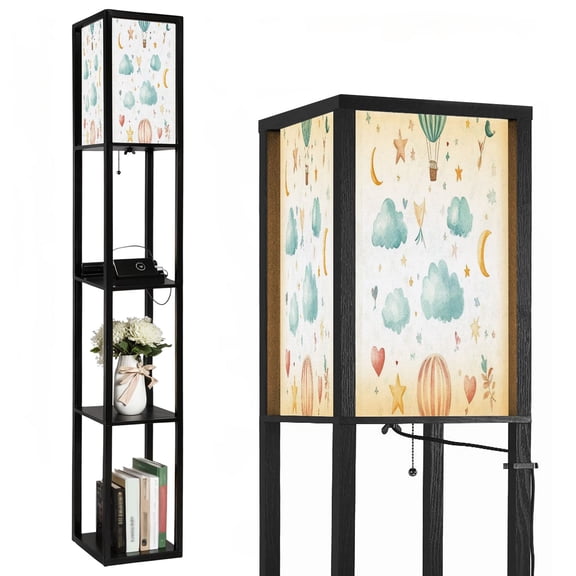 Floor Lamp with Shelves,Modern Dimmable Standing Lamp Hot Air Balloon Stars Clouds Balloon Colorful Corner Display Bookshelf Lamp with 2 USB & 1 Power Outlet for Living Room & Bedroom