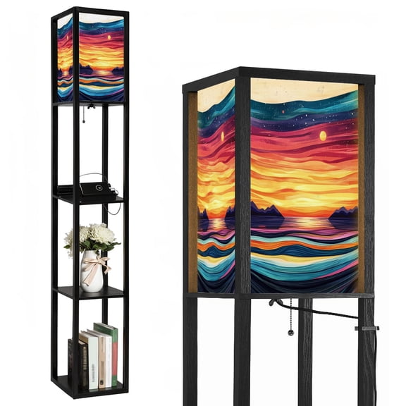 Floor Lamp with Shelves,Modern Dimmable Standing Lamp Kids Beginners Teens Adults Curved Lines Sunset Corner Display Bookshelf Lamp with 2 USB & 1 Power Outlet for Living Room & Bedroom