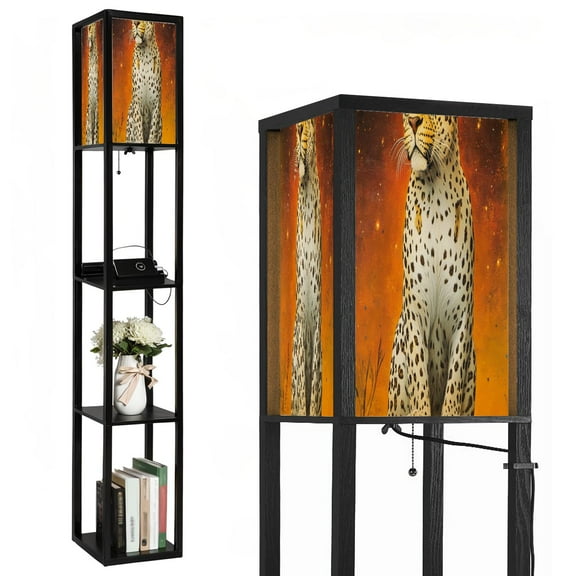 Floor Lamp with Shelves,Modern Dimmable Standing Lamp Leopard Print Leopard Print Spots Patterns Corner Display Bookshelf Lamp with 2 USB & 1 Power Outlet for Living Room & Bedroom
