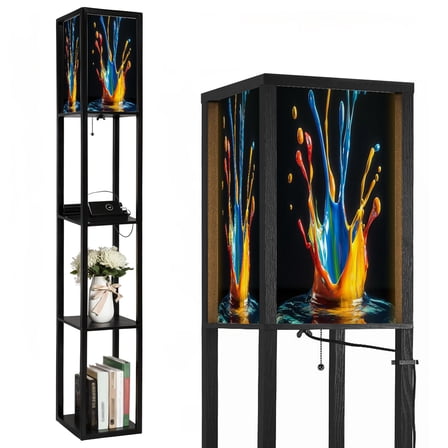 Floor Lamp with Shelves,Modern Dimmable Standing Lamp Modern Abstract Splash Of Colored Paints Corner Display Bookshelf Lamp with 2 USB & 1 Power Outlet for Living Room & Bedroom