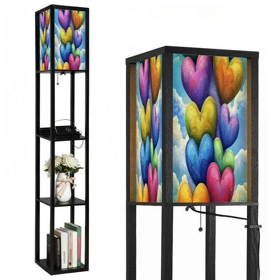 Floor Lamp with Shelves,Modern Dimmable Standing Lamp Modern Colorful Colored Rainbow Heart Cloud Heart Corner Display Bookshelf Lamp with 2 USB & 1 Power Outlet for Living Room & Bedroom