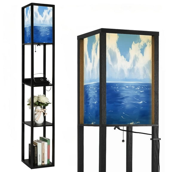 Floor Lamp with Shelves,Modern Dimmable Standing Lamp Nature Serene Blue Sky Ocean Inspirational Sky Corner Display Bookshelf Lamp with 2 USB & 1 Power Outlet for Living Room & Bedroom