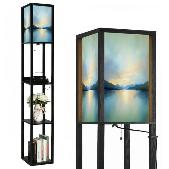 Floor Lamp with Shelves,Modern Dimmable Standing Lamp Nature Serene Blue Sky Ocean Inspirational Sky Corner Display Bookshelf Lamp with 2 USB & 1 Power Outlet for Living Room & Bedroom