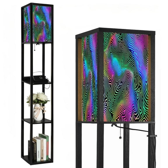 Floor Lamp with Shelves,Modern Dimmable Standing Lamp Pride Rainbow Pattern Modern Prints Rainbow Corner Display Bookshelf Lamp with 2 USB & 1 Power Outlet for Living Room & Bedroom