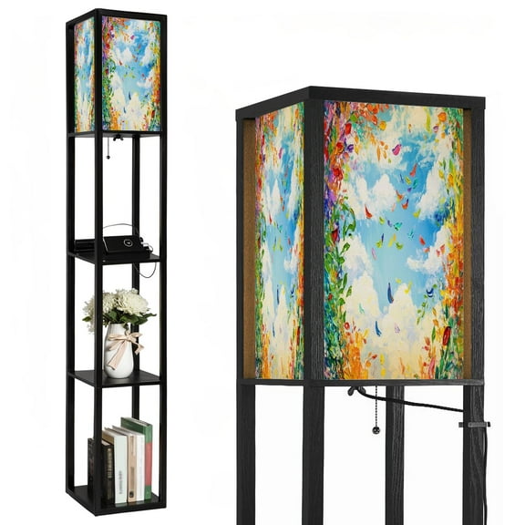 Floor Lamp with Shelves,Modern Dimmable Standing Lamp Print Hotel Decor Clouds Sky Colorful Foliage Corner Display Bookshelf Lamp with 2 USB & 1 Power Outlet for Living Room & Bedroom