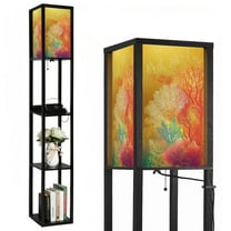 Floor Lamp with Shelves,Modern Dimmable Standing Lamp Sea Plant Linen Textured Gold Coastal Colorful Corner Display Bookshelf Lamp with 2 USB & 1 Power Outlet for Living Room & Bedroom