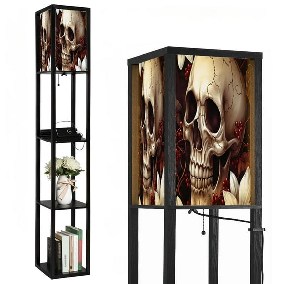 Floor Lamp with Shelves,Modern Dimmable Standing Lamp Skull Skeleton Horror Gift Human Skulls White Corner Display Bookshelf Lamp with 2 USB & 1 Power Outlet for Living Room & Bedroom