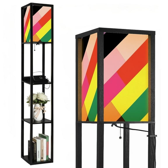Floor Lamp with Shelves,Modern Dimmable Standing Lamp Transgender Rainbow Stripes Pattern Brown Stripe Corner Display Bookshelf Lamp with 2 USB & 1 Power Outlet for Living Room & Bedroom