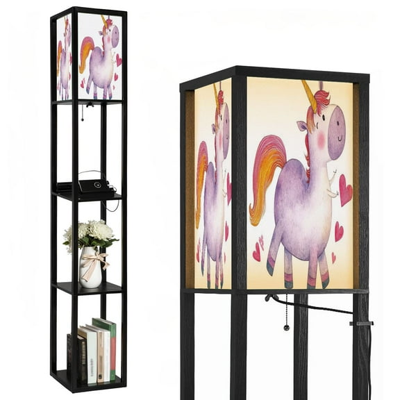 Floor Lamp with Shelves,Modern Dimmable Standing Lamp A lilac rainbow strides Corner Display Bookshelf Lamp with 2 USB & 1 Power Outlet for Living Room & Bedroom