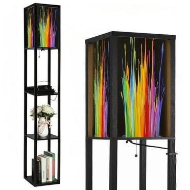 Floor Lamp with Shelves,Modern Dimmable Standing Lamp Modern Colorful Colored Paint Explosion Colors Corner Display Bookshelf Lamp with 2 USB & 1 Power Outlet for Living Room & Bedroom