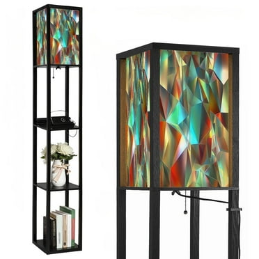 Floor Lamp with Shelves,Modern Dimmable Standing Lamp Modern Rainbow Geometric Aesthetic Triangles Color Corner Display Bookshelf Lamp with 2 USB & 1 Power Outlet for Living Room & Bedroom