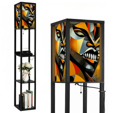 Floor Lamp with Shelves,Modern Dimmable Standing Lamp Profile Predator Face Abstract Patterns Sharp Corner Display Bookshelf Lamp with 2 USB & 1 Power Outlet for Living Room & Bedroom