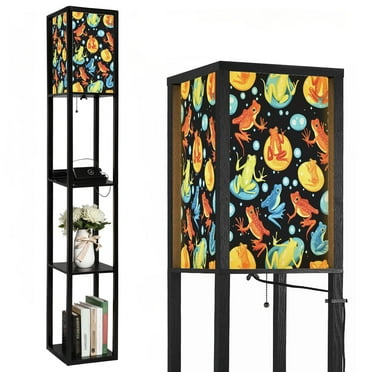 Floor Lamp with Shelves,Modern Dimmable Standing Lamp Psychedelic Frog Graphic Bubble Free Anti Slip Corner Display Bookshelf Lamp with 2 USB & 1 Power Outlet for Living Room & Bedroom