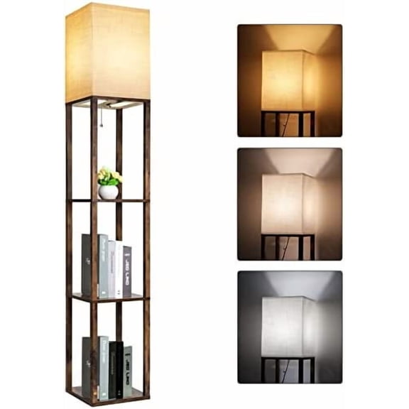 Floor Lamp with Shelves, Modern Shelf Lamp for Display Storage, 3 Color Temperature Wood Narrow Standing Corner Lamp with 8W Bulb for Living Room Decor, Bedroom, Office, Home Decor(Brown)