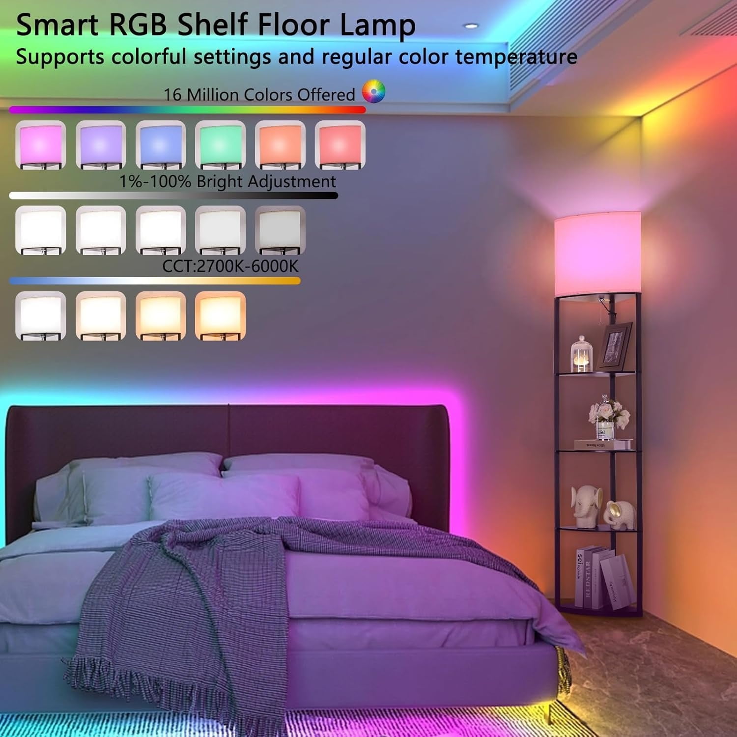 Floor Lamp with Shelves, with Sector Corner Shelf Lamp with Smart APP Control RGB Bulb, with Linen Lampshade Corner Floor Lamp for Living Room, Bedroom and Office (BLACK-RGB)