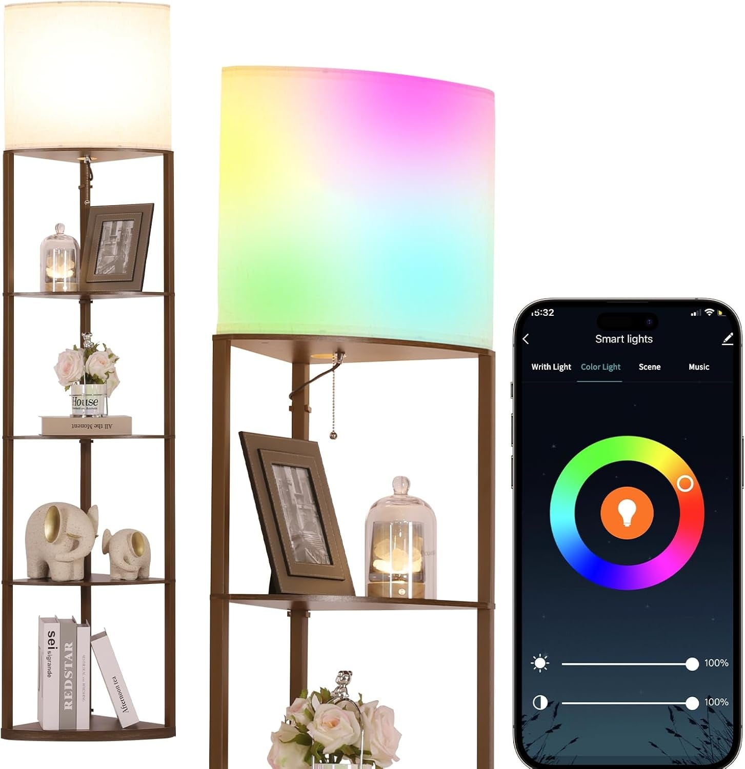 Floor Lamp with Shelves, with Sector Corner Shelf Lamp with Smart APP Control RGB Bulb, with Linen Lampshade Corner Floor Lamp for Living Room, Bedroom and Office (Brown-RGB)