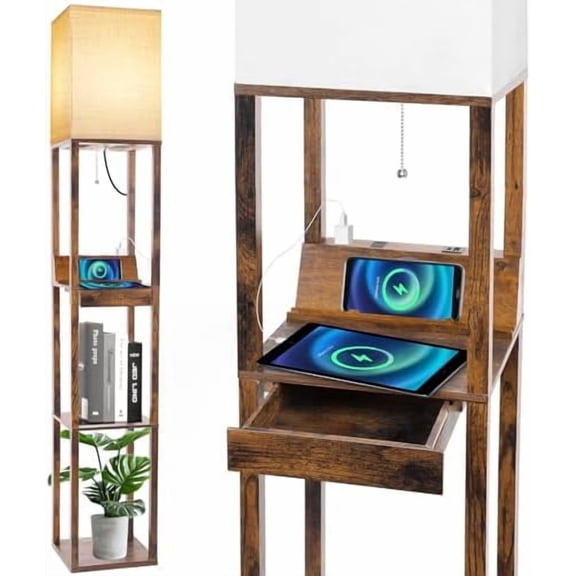 Floor Lamp with Shelves, Shelf Floor Lamp with Wireless Charger & 2 Charging USB Ports & Drawer, AC Outlet, 3 Color Temperature Tall Standing Lamp with Bulb for Living Room, Bedroom, Office