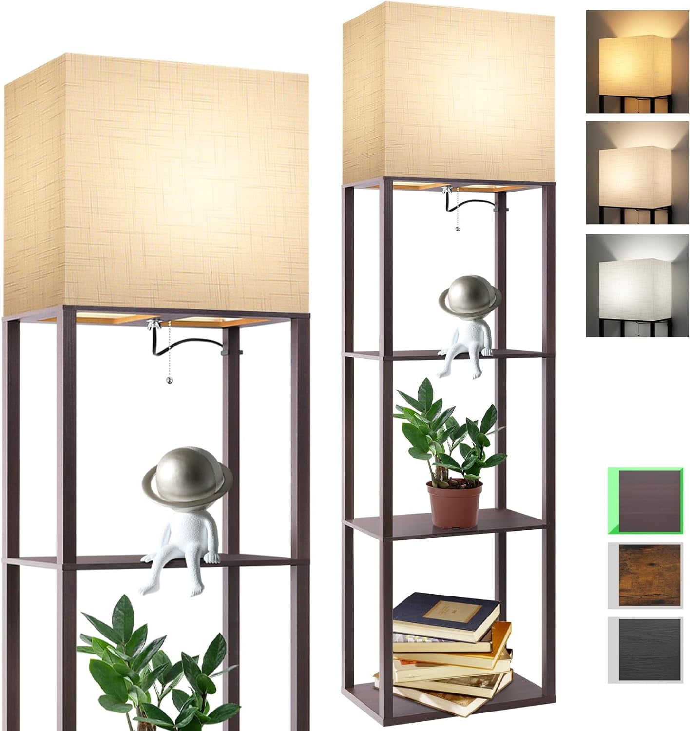 Floor Lamp with Shelves, Shelf Lamp with 15W LED Bulb, 3 Colors, Memory