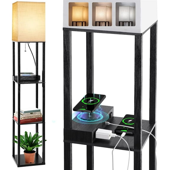 Floor Lamp with Shelves, Shelf Lamp with Wireless Charger & USB A+C Ports & 2 AC Outlets,3 Color Temperature Corner Tall Standing Floor Lamps for Living Room, Bedroom, Office