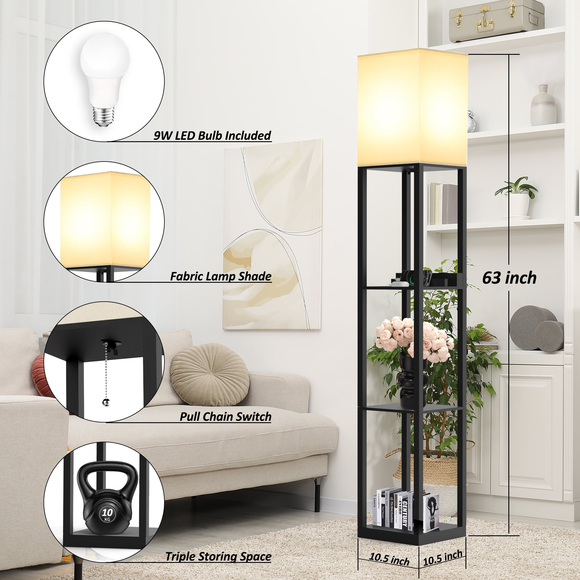Jurulu LED USB Floor Lamp with Storage, 3 Color Temperatures, Solid Wood, 2 Charging Ports & Power Outlet, Matte Black
