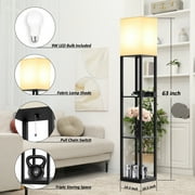 Floor Lamp with Shelves, Shelf USB Floor Lamp, 3 Color Temperatures Solid Wood Floor Lamp with 2 Charging Ports and 1 Power Outlet, Lamps for Livingroom Bedroom, Bulb Included, Matt Black