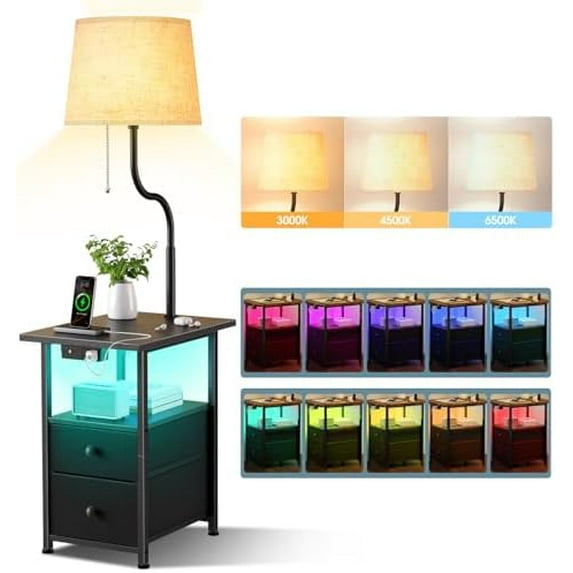 Floor Lamp Side Table with Night Light,Night Stand with Charging Station and LED Bulb, 3-Color Adjustable Lighting Beside Table with 2 Deep Drawers, End Tables Living Room,Bedroom-Black Oak