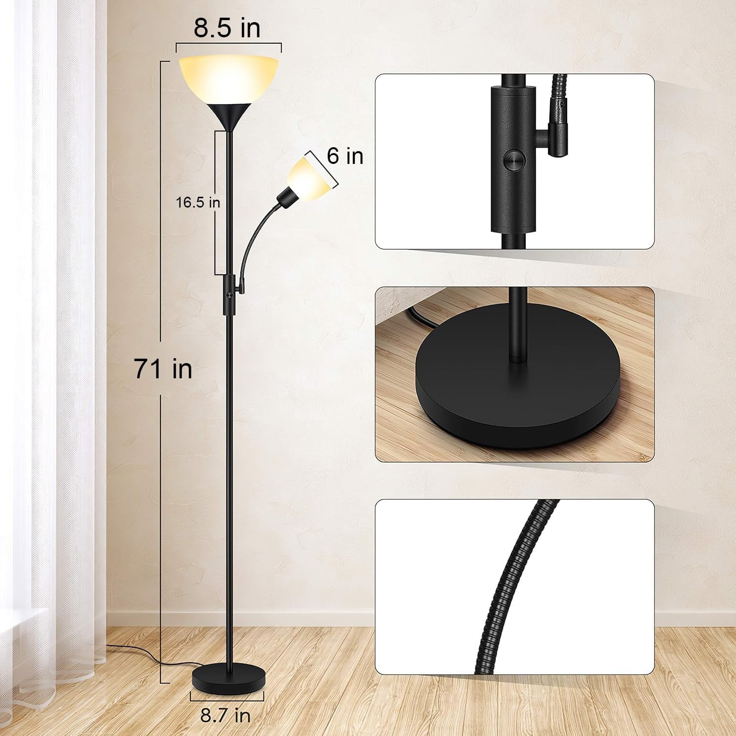 Floor Lamp, Standing Lamp, Floor Lamp with Adjustable Reading Lamp, 71" Tall Pole Lamps, 3 Way Switch, Plastic Lampshade, Corner Floor Lamps for Living Room, Bedroom(E26 Base, No Bulb)-Black