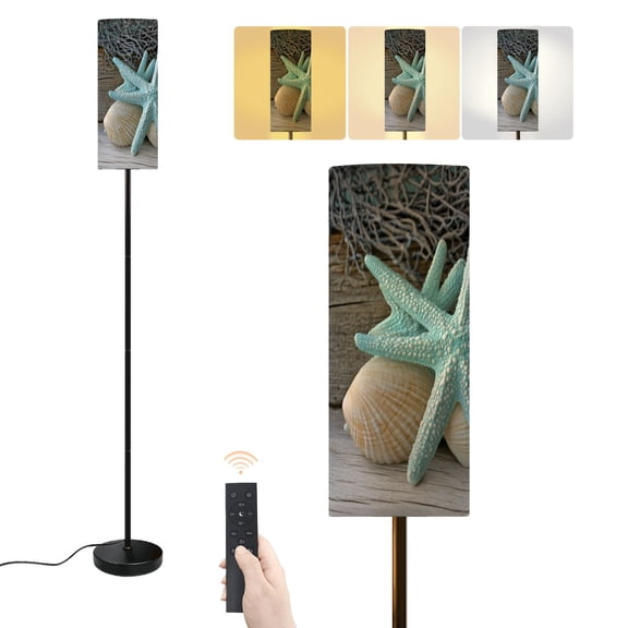 Floor Lamp Starfish Shell Teal Beach Nature Seashells Driftwood Fishing Net Dimmable Modern Standing Lamp with Lampshade Remote Footswitch Tall Pole Corner Lamp for Living Room Bedroom Office